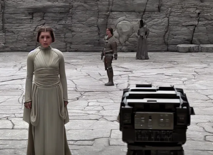 Image similar to portrait of Princess Leia alone at Jedi Temple scene from the last jedi, 2022, film by Stanley Kubrick, 4k serene, iconic , photoreal Carrie fischer, detailed stunning cinematography, hyper detailed, sharp, anamorphic lenses, kodak color film