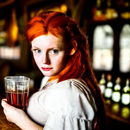 Prompt: beautiful bar maid with auburn hair, in a medieval tavern, dramatic, cinematic, filmic, 7 5 mm, f / 1. 8