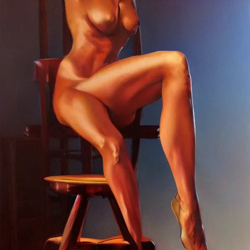 Prompt: artstation a woman seductively posing on a stool, by Boris Vallejo, very detailed, , portrait, backlit