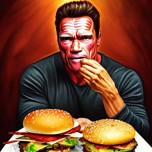 Prompt: portrait of Arnold schwarzenegger eating hamburgers, extra onions and ketchup, luscious patty with sesame seeds, feminine ethereal, handsome, D&D, fantasy, intricate, elegant, highly detailed, digital painting, artstation, concept art, matte, sharp focus, illustration, art by Artgerm and Greg Rutkowski and Alphonse Mucha