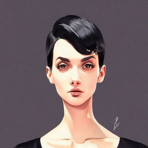 Image similar to girl in tuxedo with black chaotic wavy short haircut, elegant, 2d, ultra highly detailed, digital painting, smooth, sharp focus, artstation, art by Ilya Kuvshinov