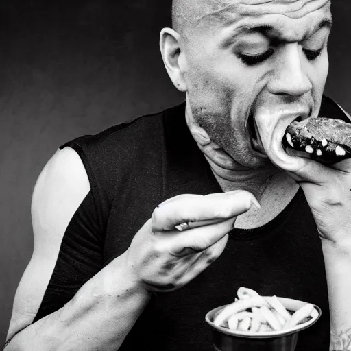 Image similar to a high resolution 4k photograph of John Joseph, the singer of the cromags, shoving a cheeseburger into his mouth