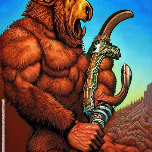 Prompt: hairy barbarian with moose head by dan mumford and julie bell