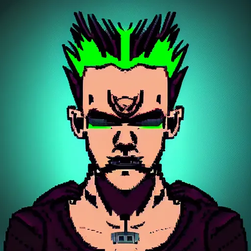 Image similar to neonpunk anarchist with mohawk and cyber implants on face, fuming, angry, grinning, pixel art