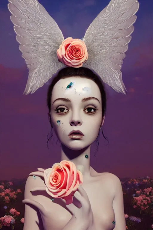 Prompt: milky crystal quartz eyeballs with wings. peach roses, background heavenly sky by basquiat, Trending on artstation. halo. octane render, cinematic, hyper realism, octane render, 8k, depth of field, 3D