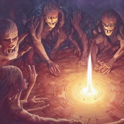 Image similar to acolytes using demonic summoning circle to summon a demon. incredible detail. by magali villeneuve and by wlop