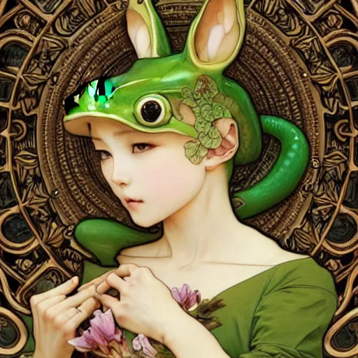 Prompt: a masterpiece ultrarealistic ultradetailed anime portrait of beautiful frog in bunny costume baroque renaissance. medium shot, intricate, elegant, by stanley artgerm lau, wlop, alphonse mucha, rossdraws, andrei riabovitchev, yoshitaka amano. in style of hayao miyazaki. flower background my james jeand and takashi murakami.