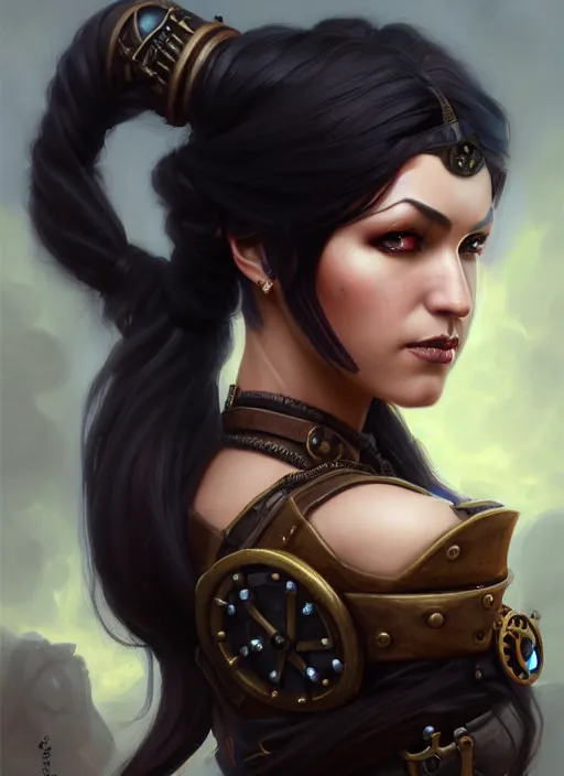 Image similar to a _ fantasy _ style _ portrait _ painting _ of steampunk woman, ponytail black hair, round face, rpg dnd oil _ painting _ unreal _ 5 _ daz. _ rpg _ portrait _ extremely _ detailed _ artgerm _ greg _ rutkowski _ greg