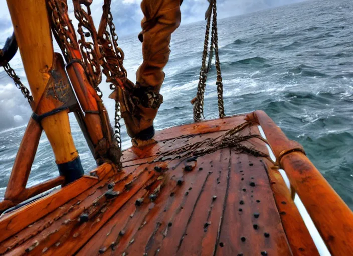 Prompt: Heavy seas on a pirate ship, first person