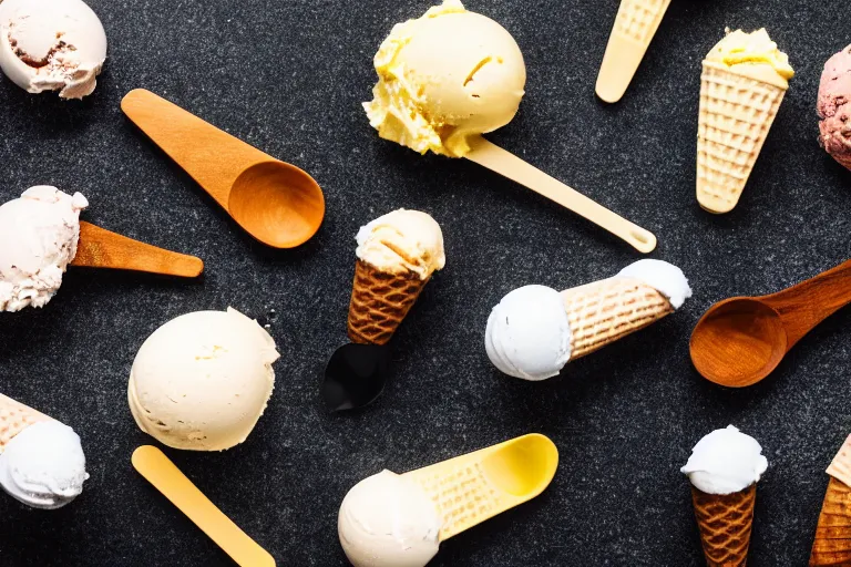 Prompt: flat lay food photograph of assorted ice cream scoops on black granite, canon 55mm lens,