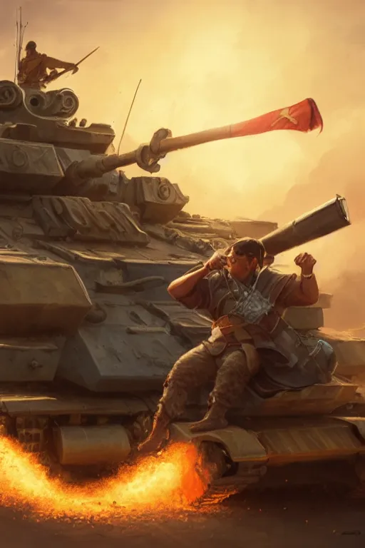 Image similar to a filipino man sitting on a tank holding a scepter and eating popcorn, highly detailed, d & d, fantasy digital painting, trending on artstation, concept art, sharp focus, illustration, global illumination, ray tracing, realistic shaded, art by artgerm and greg rutkowski and fuji choko and viktoria gavrilenko and hoang lap