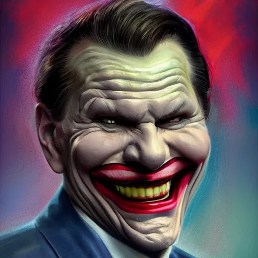 Prompt: uncanny portrait of kenneth copeland as the joker laughing, by jon mcnaughton zdzisław artstation