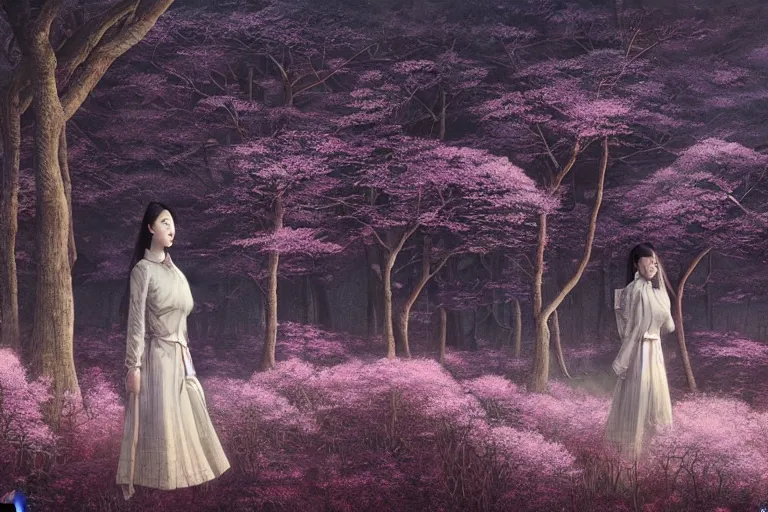 Image similar to Lee Jin-Eun by Andrew Ferez, rule of thirds, seductive look, beautiful, in intergalactic HQ with sakura trees