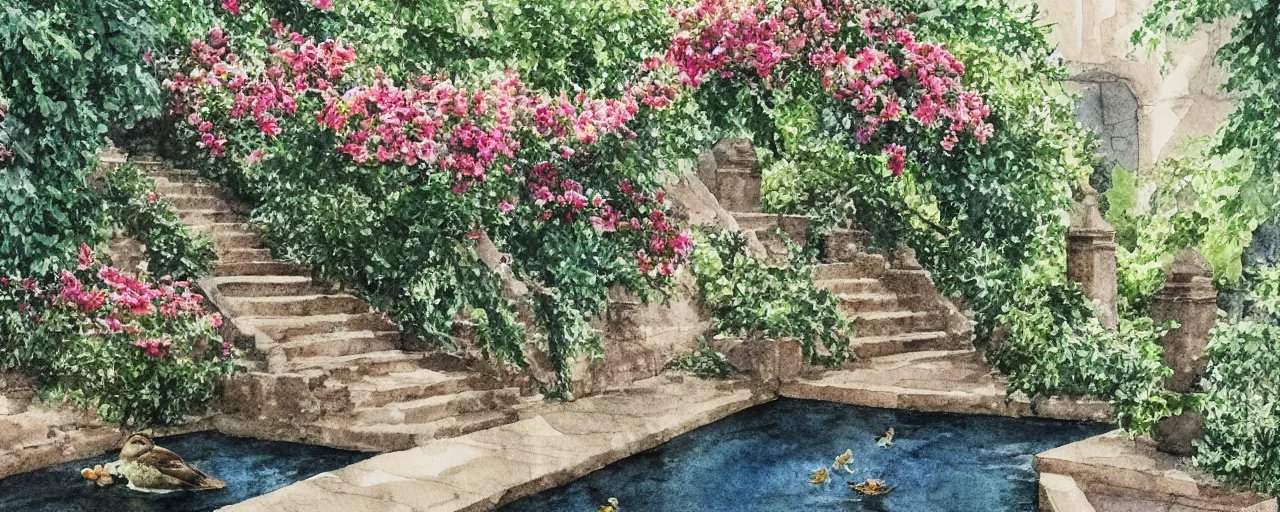 Prompt: isomeric view, stairway, delicate water in a botanic garden, garden road, sparrows, temple in a botanical herbarium paper, watercolor colored painting, iridescent colors, 8 k, realistic shaded, fine details, artstation, italian style, colonnade, flowers, architecture, roma