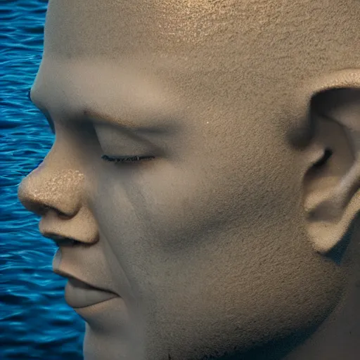 Image similar to a giant dripping water sculpture of a human head on the ocean water, cinematic, in the style of chad knight, long shot, hyper detailed, hyper realistic, ray tracing, 8 k resolution, sharp focus, realistic water, award winning