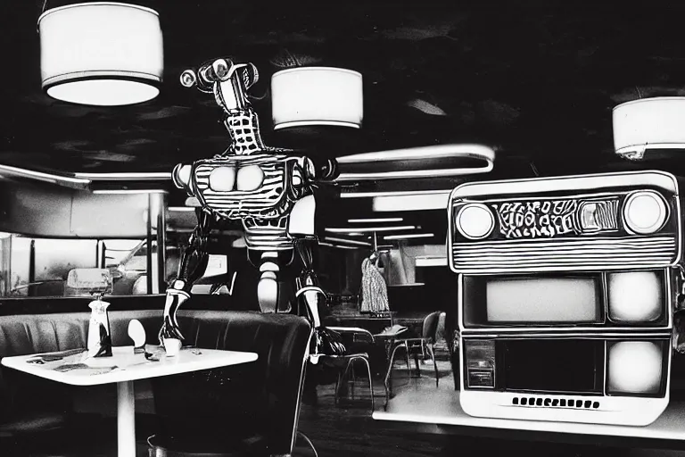 Image similar to robot mermaid sitting in a googie diner made of porcelain, from 1986, bathed in the glow of a crt television, tv screens in background, low-light photograph, in style of terry richardson