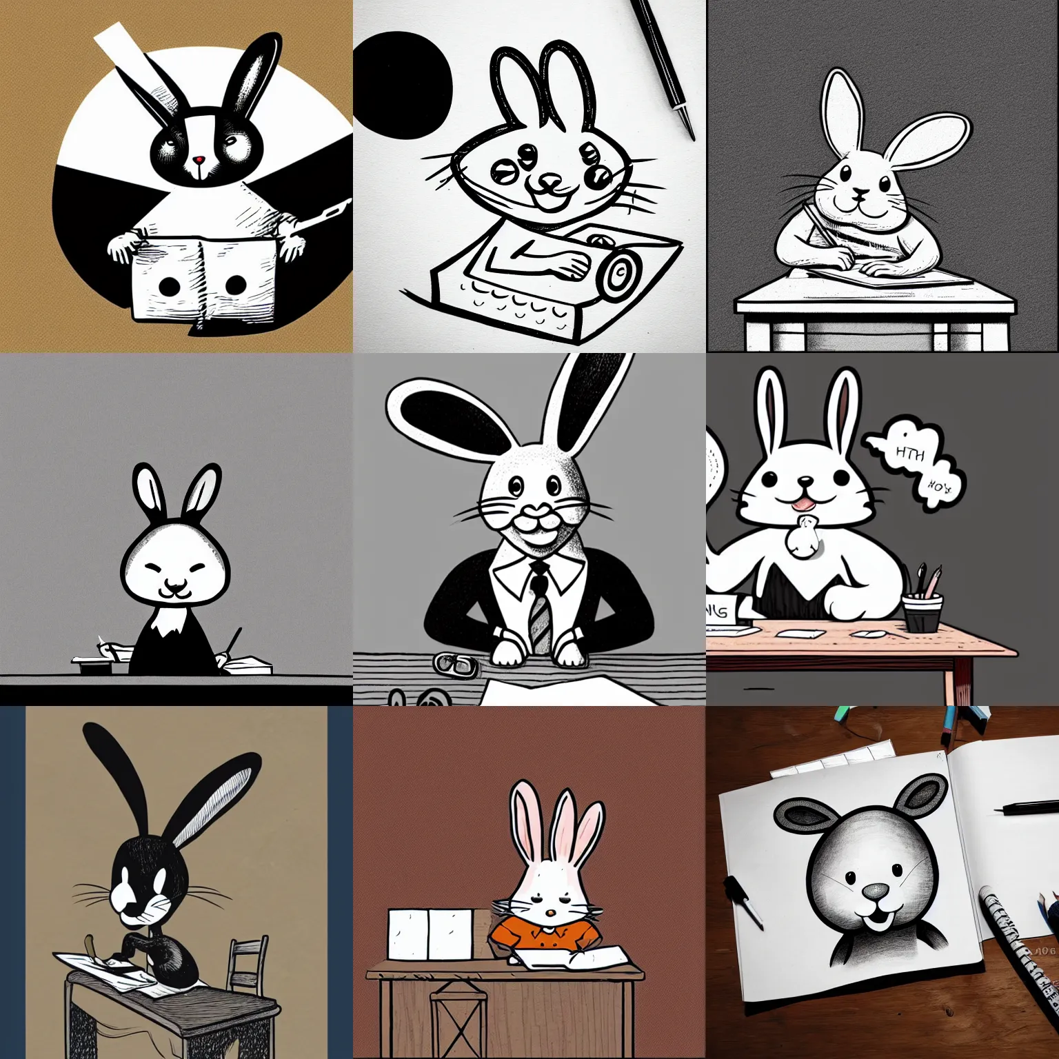 Prompt: a cute happy cartoon rabbit sitting at a desk and writing on a paper, mcbess