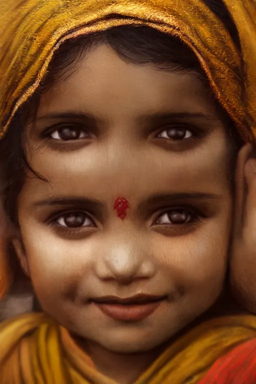 Image similar to hindu little girl, joyful, close - up portrait, intricate, elegant, volumetric lighting, scenery, digital painting, highly detailed, artstation, sharp focus, illustration, concept art, ruan jia, steve mccurry