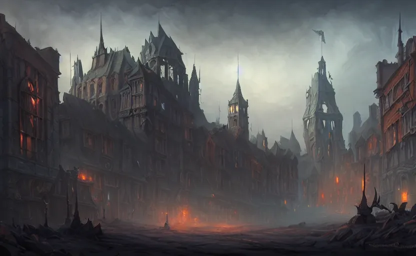 Image similar to extreme long shot concept art depicted old english majestic town, dramatic mood, overcast mood, dark fantasy environment, dieselpunk, art by legends of runeterra and league of legends and arcane, art by tony sart and mauro belfiore, trending on artstation, unreal engine, golden ratio, spectacular composition