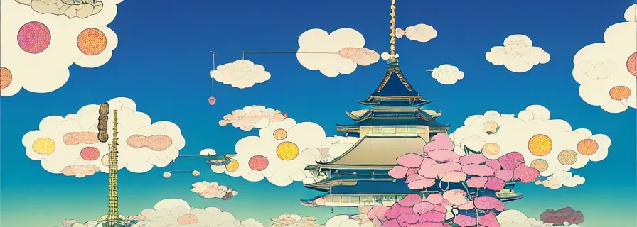 Image similar to kyoto with a beautiful cloudy sky above by takashi murakami, beeple and james jean, aya takano color style, 4 k, super detailed, modern, 4 k, symmetrical