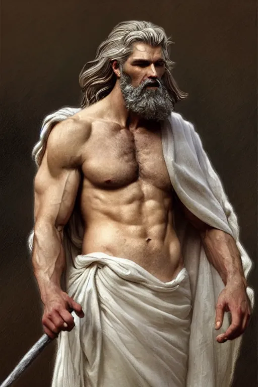 Image similar to painted portrait of rugged zeus, god of thunder, greek god, white hair, masculine, mature, handsome, upper body, flowy robe, muscular, hairy torso, fantasy, intricate, elegant, highly detailed, digital painting, artstation, concept art, smooth, sharp focus, illustration, art by gaston bussiere and alphonse mucha