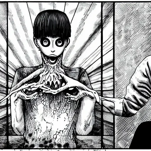 Image similar to manga panel, junji ito, body horror, terrifying, nightmare fuel,