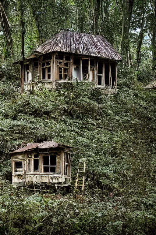 Prompt: a photo of an abandoned and overgrown ramshackle multistory hut in the woods, intricate, elegant, fantasy, highly detailed, sharp focus