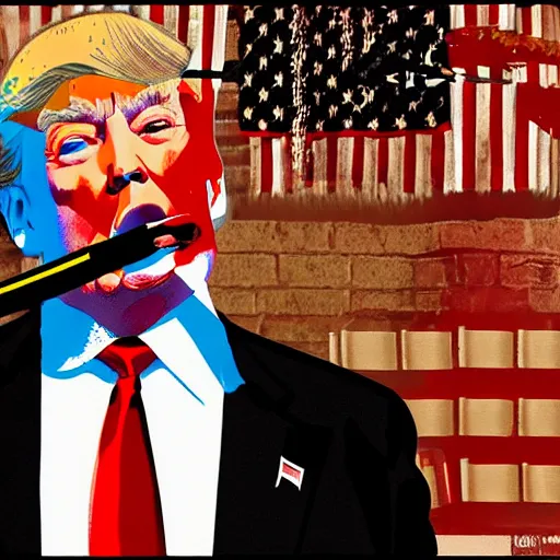 Image similar to a high detail photo of donald trump smoking a cigarrette, subject= donald trump, subject detail: extremly detailed, subject action: smoking a cigar, photorealism, dramatic lighting, award winning photograph, trending on artstation