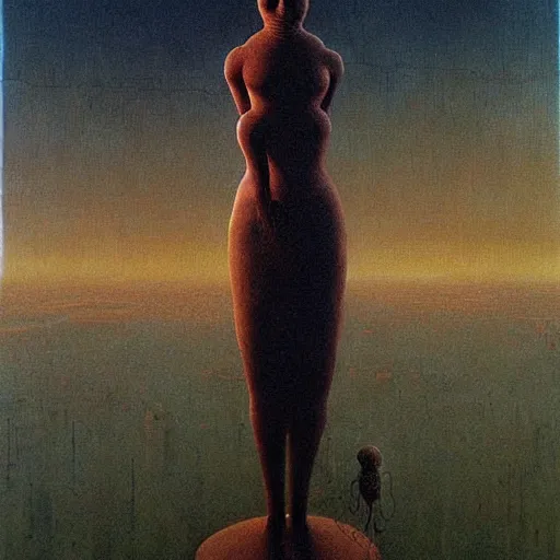 Prompt: a giant latex doll stands over a city painting by beksinski, barlowe colors. masterpiece painting