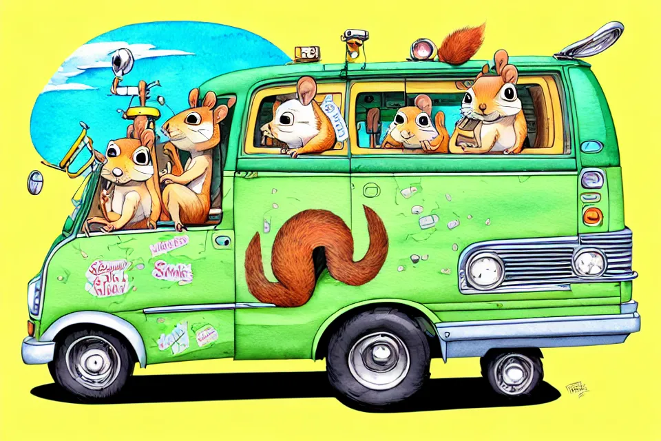 Image similar to cute and funny, squirrel riding in a mystery machine van, ratfink style by ed roth, centered award winning watercolor pen illustration, isometric illustration by chihiro iwasaki, edited by range murata, tiny details by artgerm and watercolor girl, symmetrically isometrically centered, sharply focused