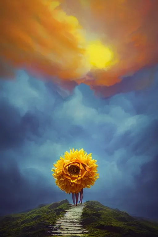 Image similar to closeup girl with huge yellow dahlia flower face, intricate, standing on mountain, surreal photography, blue storm clouds, dramatic light, impressionist painting, digital painting, artstation, simon stalenhag