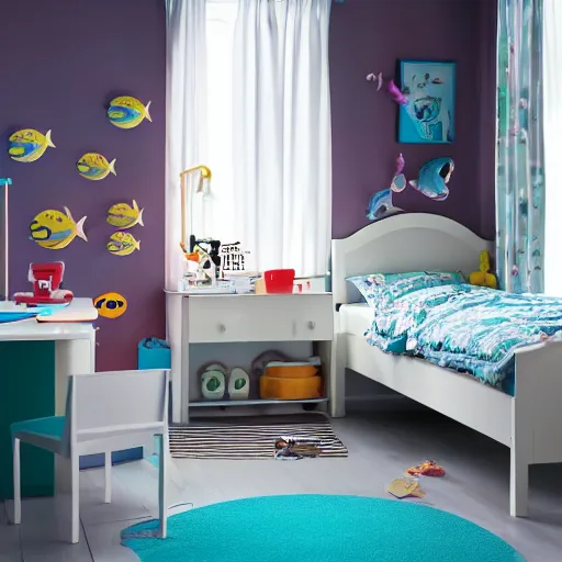 Image similar to An IKEA catalogue photo of a childrens bedroom , underwater with a vampire squid