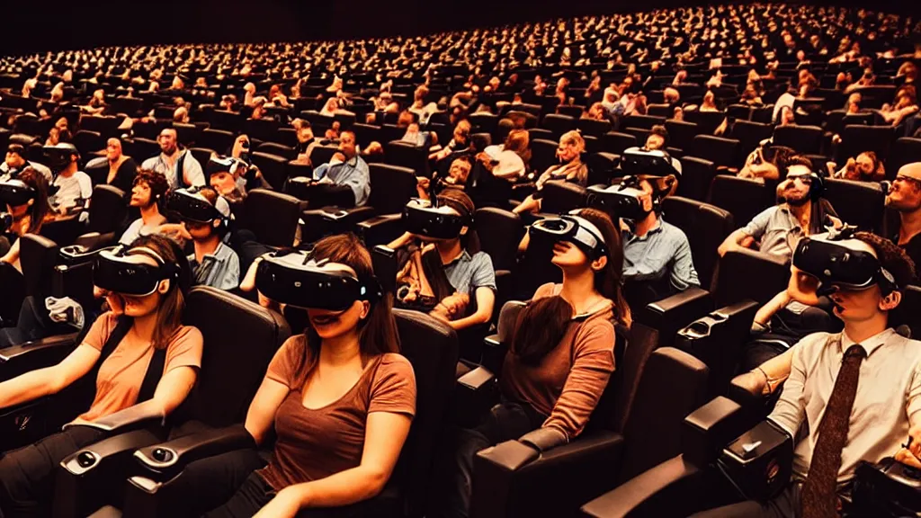 Prompt: people in a busy very dark movie theatre, all of they are wearing vr headsets with art direction by salvador dali, wide lens