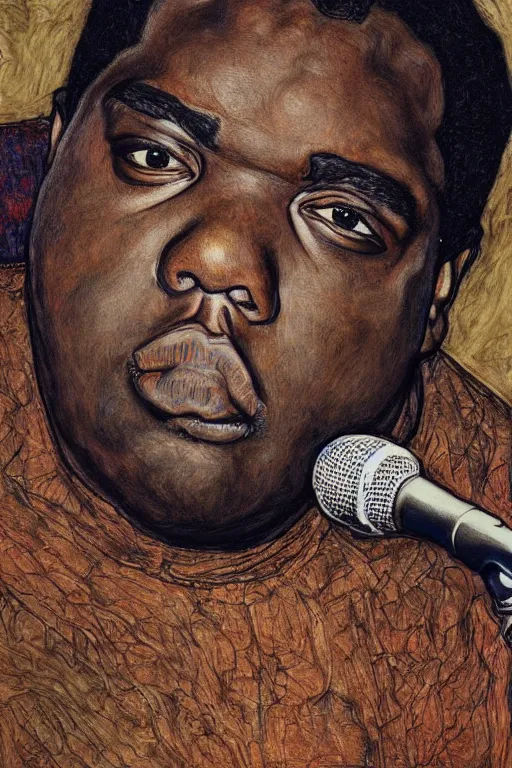 Image similar to a portrait of biggie smalls holding a mic in a hand by egon schiele, masterpiece, hyperdetailed, complex, intricate, old school, 9 0 s, 4 k, trending on artstation