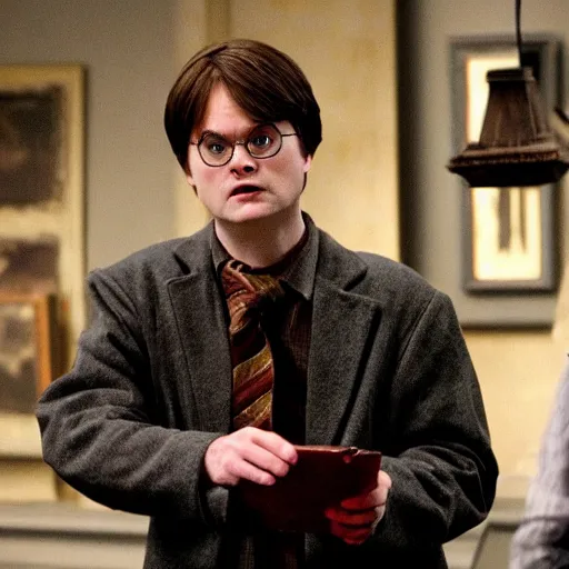 Image similar to dwight schrute playing harry potter in a harry potter movie