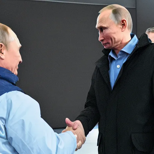 Prompt: Vladimir Putin shaking hands with Walter White, 8k, cinematic, depth of field, dslr,