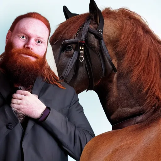 Image similar to a chimera of a man and a horse with a large red beard