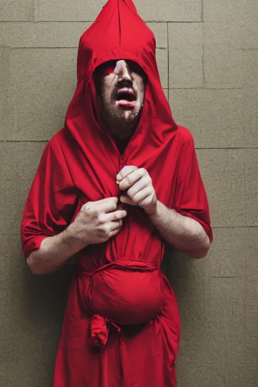 Image similar to man wearing a red sack over his head, bloody, looking at the camera