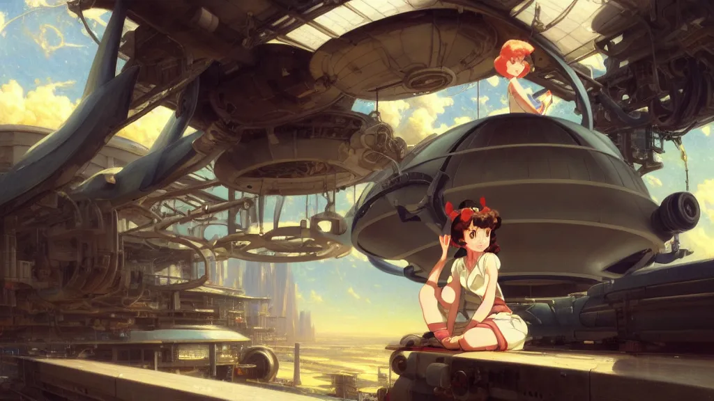 Prompt: a film still of a 1 9 5 0's mechanic anime girl with high detailed face sitting on top of flying ufo landing in hangar of giant ufo spaceship, trending on pixiv fanbox, painted by gaston bussiere, makoto shinkai, akihiko yoshida, gaston bussiere, craig mullins