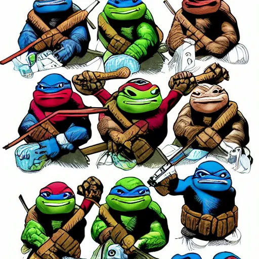 Image similar to ninja turtles in the style of mad magazine