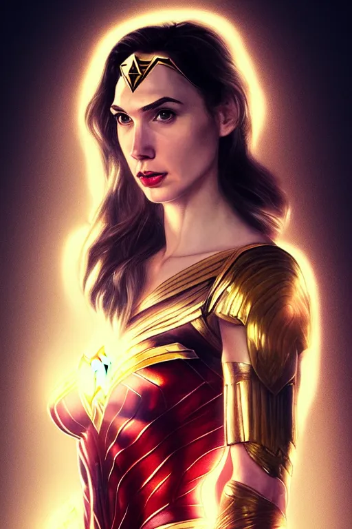 Image similar to Portrait of a beautiful pale skin Nordic female gal gadot as a wonder woman, elegant, photorealistic, highly detailed, artstation, smooth, sharp focus, gold ornaments, neon lighting, sci-fi, art by Klimt