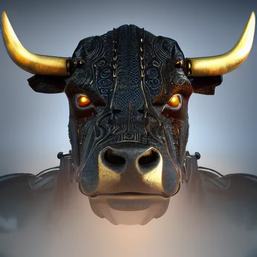 Image similar to an android ( bull ) modeled after a bull looking into the camera, android, cyborg, half body, intricate, 3 d, hyper realism, fantasy, depth of field, octane render, symmetrical, highly detailed, digital art, artstation, concept art, cinematic lighting, trending