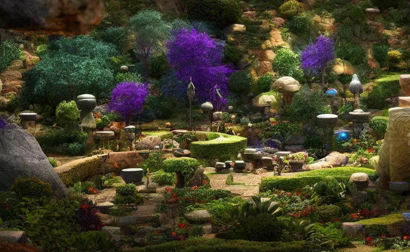 Prompt: as of the gods, which is said to have been filled with brilliance, and there was a garden there made entirely of precious stones, close up bokeh hiperrealistic, high detailled, darkness dramatic, sharp focus, octane render, imax