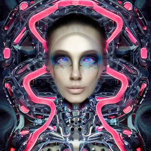 Image similar to an extremely beautiful biomechanical fame looking robot with large emoji tattoos, neon jacuzzi, extremely beautiful, chimeric organism, holodeck, pale skin, organic polycarbon, full frontal, portrait, highly detailed, transhumanist hydration, symmetrical, mechanical, anatomical, mendelbrot fractal, ray tracing, hyperdetailed, hyperrealistic, trending on artstation, oppai cyberpunk, octane render, hdr, uhd 4k