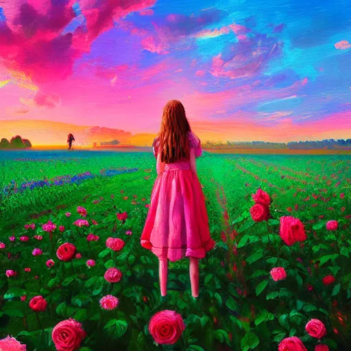 Image similar to large rose head, girl standing in a flower field, surreal photography, sunrise dramatic light, impressionist painting, colorful clouds, digital painting, artstation, simon stalenhag