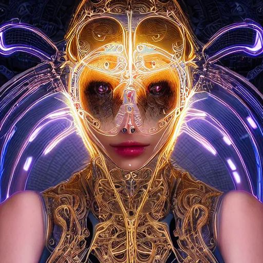 Prompt: very beautiful woman integrating with technology, full face frontal centered, portrait, insipiring, detailed intricate ornate neon pulsating cables connected to head, white eyes, luxurious detailed abundent wiring and implants, gold, renaissance, sci - fi, detailed technology background with cyber flowers and insects, dramatic lighting, photography, highly detailed, artstation, 8 k,