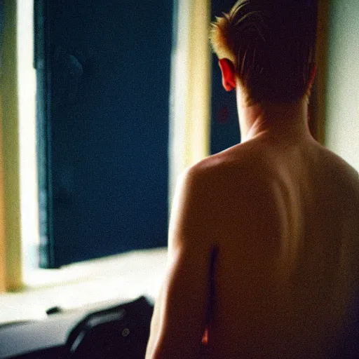 Image similar to kodak portra 4 0 0 photograph of a skinny blonde guy standing in cluttered 9 0 s bedroom, back view, moody lighting, telephoto, 9 0 s vibe, blurry background, vaporwave colors, golden ratio, faded!,