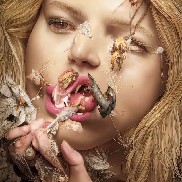 Image similar to studio portrait of blonde women eating insects at claridges, ultrafine hyperrealistic detailed face illustration by kim jung gi, irakli nadar, intricate linework, sharp focus, bright colors, matte, octopath traveler, final fantasy, unreal engine highly rendered, global illumination, radiant light, intricate environment