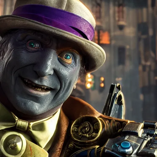 Image similar to willy wonka in gears of war, splash art, movie still, detailed face, photorealistic facial features, cinematic lighting, dramatic, octane render, long lens, shallow depth of field, bokeh, anamorphic lens flare, 8 k, hyper detailed, 3 5 mm film grain