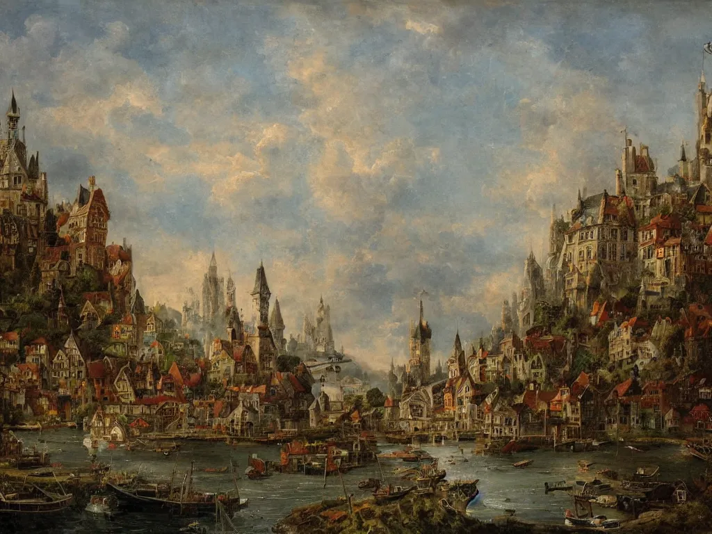 Image similar to an old small enchanted fantasy town, viewed from the harbor, by jean - baptist monge,